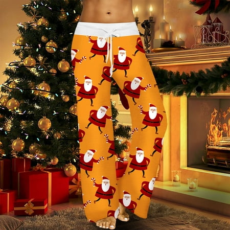 

Womens Leisure Pants Christmas Printed Home Pants Wide Leg Pants Pajama Pants Pull Rope Elastic Waist Yellow M