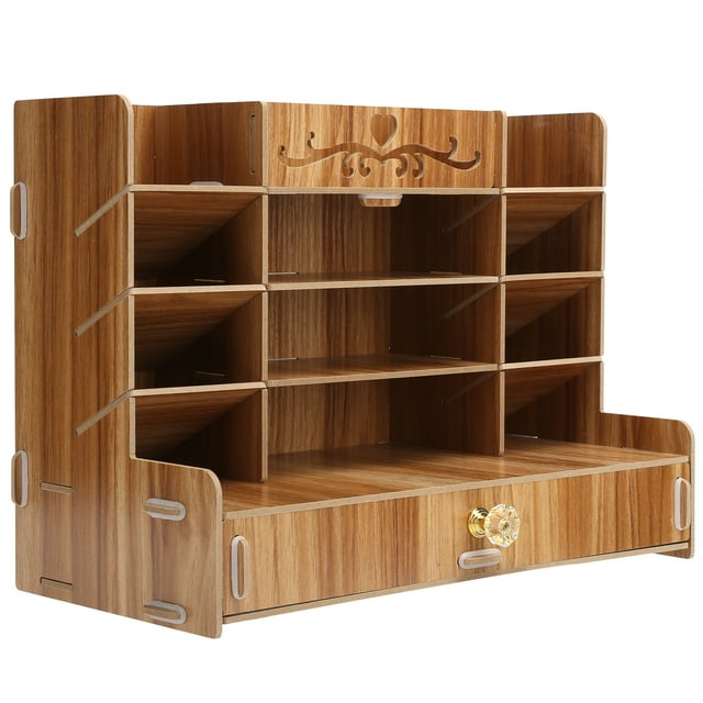 Wooden Desk Organizer, Tabletop Storage Cabinet Large Capacity Easy To Assemble For Office Accessory Stationery For Students For Home Kitchen Cherry Wood Color