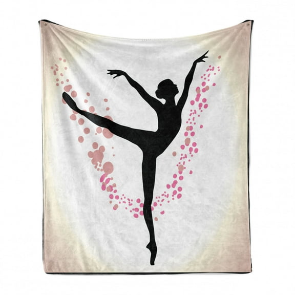 Ballet Soft Flannel Fleece Throw Blanket, Silhouette of a Woman Ballet Dancer on Stage with Soft Paintbrush Marks, Cozy Plush for Indoor and Outdoor Use, 50" x 70", Black Pink Ivory, by Ambesonne