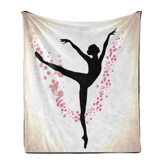Ballet Soft Flannel Fleece Throw Blanket, Silhouette of a Woman Ballet Dancer on Stage with Soft Paintbrush Marks, Cozy Plush for Indoor and Outdoor Use, 60" x 80", Black Pink Ivory, by Ambesonne