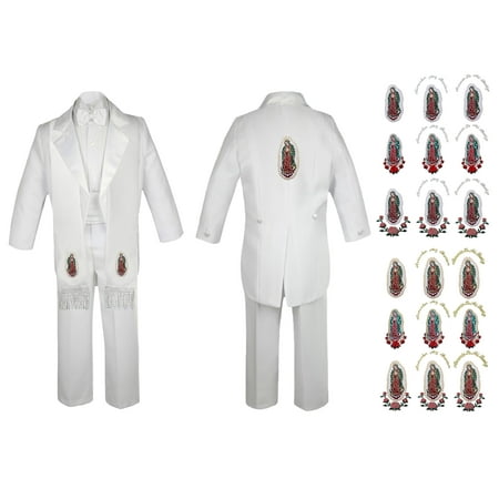 

New Born Baby Boy Teen Christening Baptism Formal White Tail Suit Silver Virgin Mary On Stole & Back SM-20