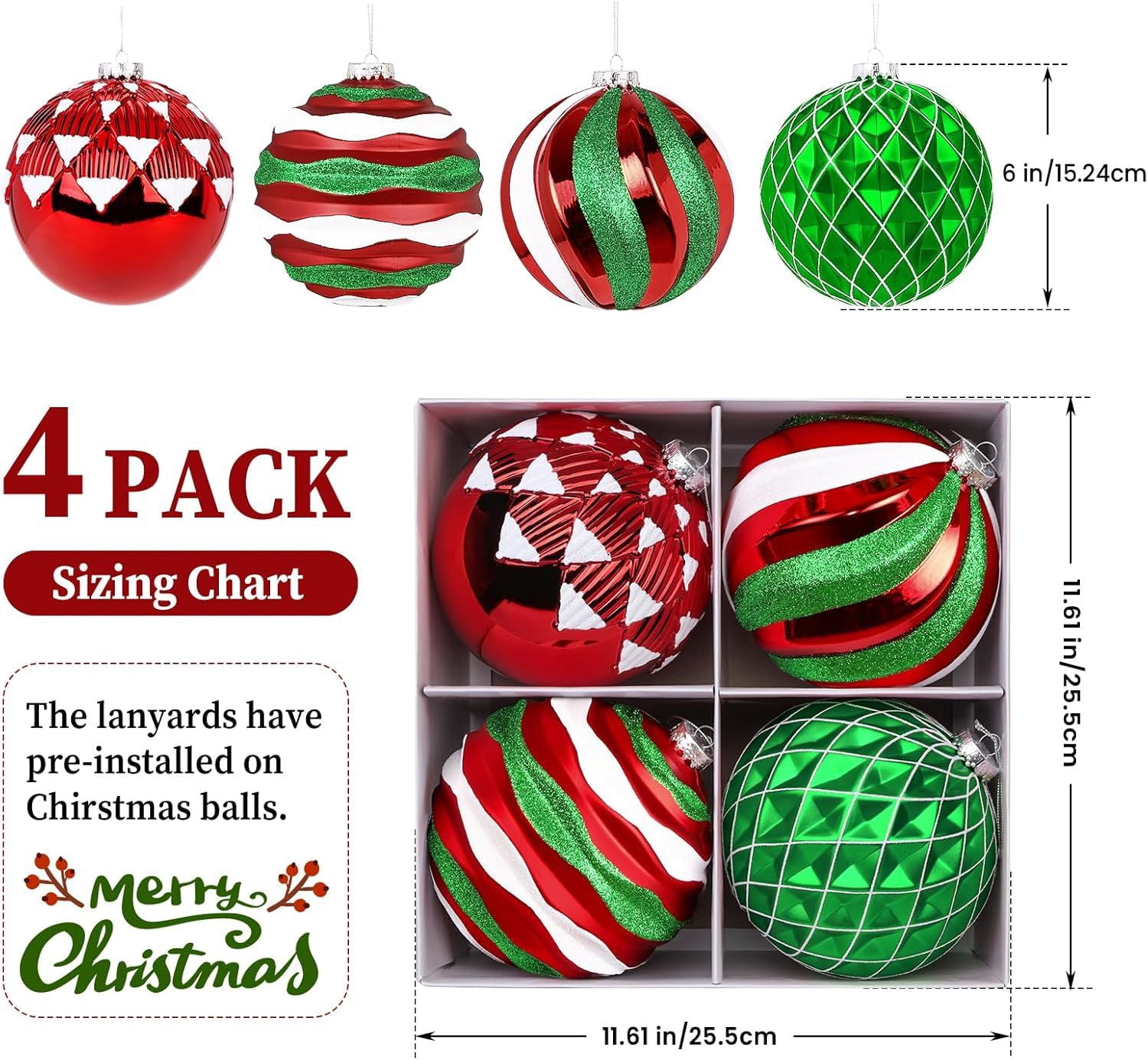 6"/150mm Large Christmas Ball Ornaments, 4Pcs Christmas Tree Decor, Shatterproof Hanging Decorations with Hooks, White & Silver Baubles for Xmas Tree, Wedding, Holiday and Party Decor