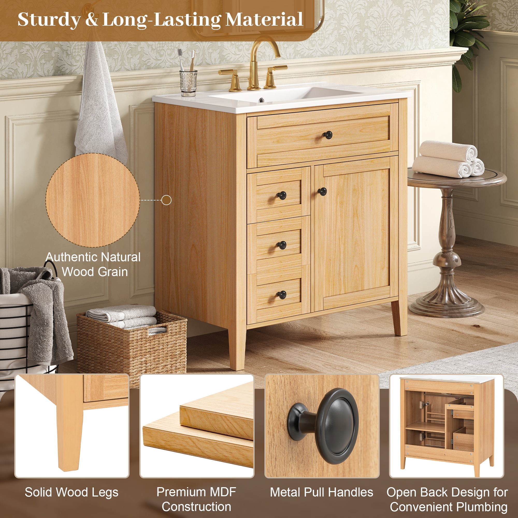 30" Natural Wood Grain Bathroom Vanity with Ceramic Sink, Solid Wood Legs, Soft-Close Mechanism, Tip-Out Drawer & Storage Shelf on Door, Adjustable Shelf