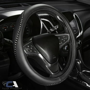 Custom Accessories Rhinestone Vegan Leather Steering Wheel Cover with Rubber Core, Universal Fit, Odorless Grip, Black