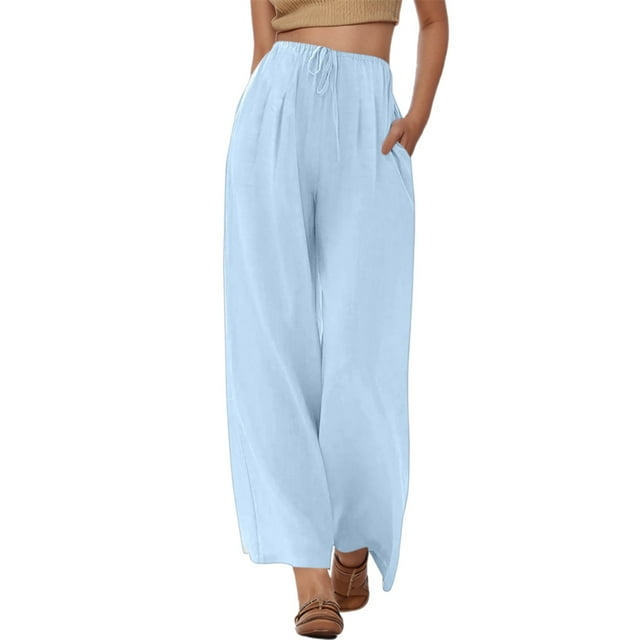 Icvfdpl Wide Leg Summer Pants Women,High Waisted Drawstring Linen Wide Leg Beach With Pockets Comfortable Solid Color Trousers Vacation Travel Relaxation Pants Outwear,L