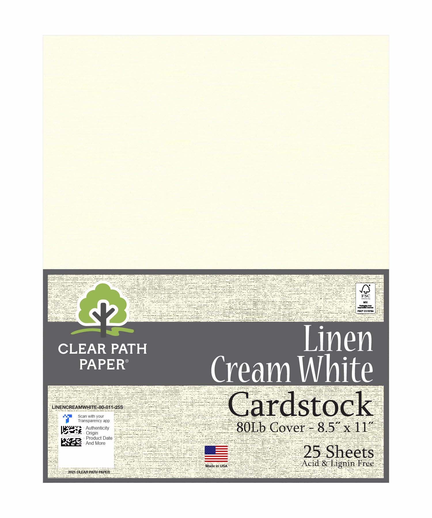 Cream White Linen Cardstock - 8.5 x 11 inch - 80lb Cover - 25 Sheets - Clear Path Paper