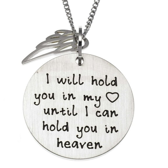 Stainless Steel Angel Wing Memorial Pendant Necklace - Engraved "I will hold you in my heart until I can hold you in heaven"