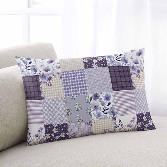 Spring Floral Throw Pillow Covers, Dark Purple Flowers Patchwork Grid Bohemia Soft Breathable Pillow Cases with Invisible Zipper, Queen Size Pillowcases for Couch Bed Sofa Chair 20x30 Inches