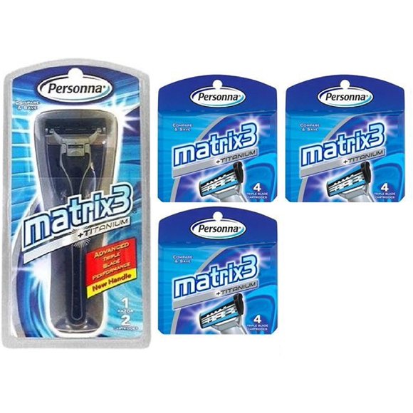 Personna Matrix3 Advanced Triple Blade Razor Handle + Matrix3 Titanium Triple Blade Refill Cartridge Blades, 4 Ct. (Pack of 3)