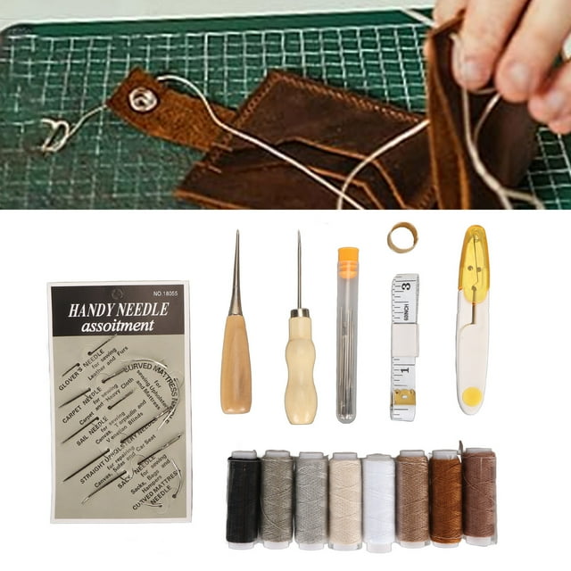 Leather Repair Sewing Kit, Wax Thread Portable Large Eye Stitching Tape Measure Leather Working Tools for DIY Leather Craft