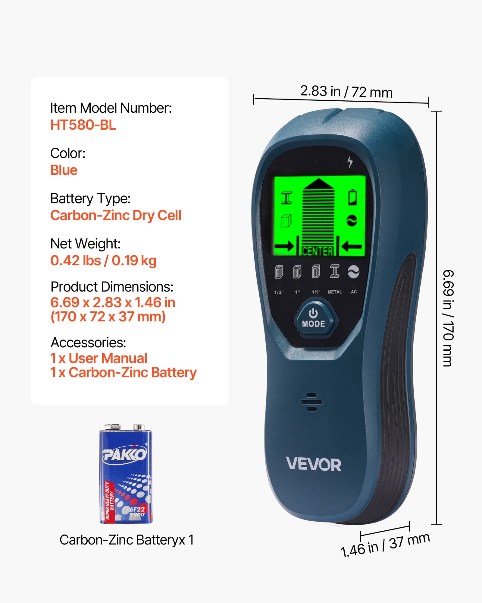 VEVOR Stud Finder Wall Scanner, 5 in 1, Electronic Wall Stud Detector with Smart Sensor, High-Definition LCD Display and Audio Alarm, for the Center and Edge of Metal, AC Wire, Joists, Pipes, Blue