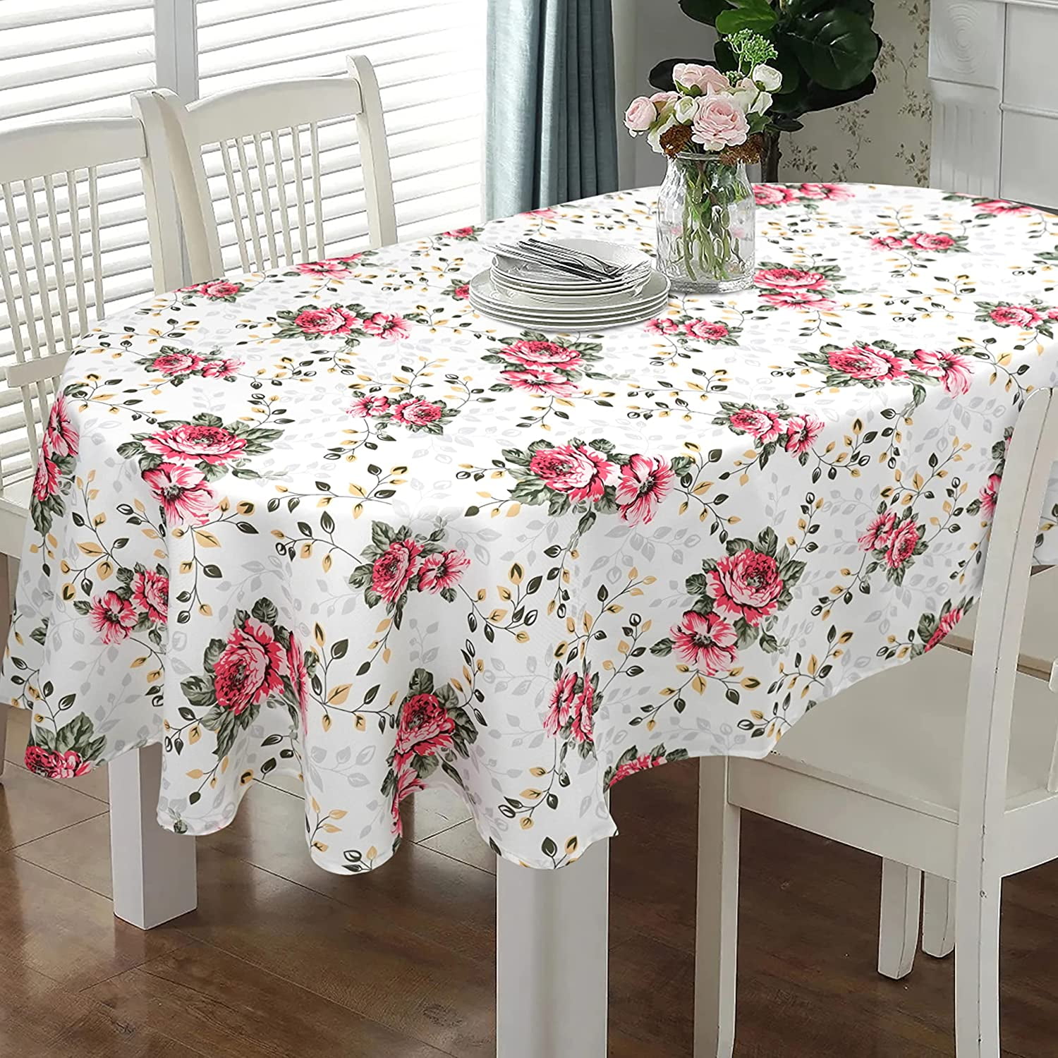 Wish Tree Oval Tablecloth , Red Flower Tablecloth for Oval Table, Fabric Wrinkle Free Washable