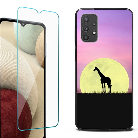 Slim-Fit Flexible TPU Gel Phone Case (black) for Samsung Galaxy A32 5G, with Tempered Glass Screen Protector, by OneToughShield ® - Moonlight Giraffe