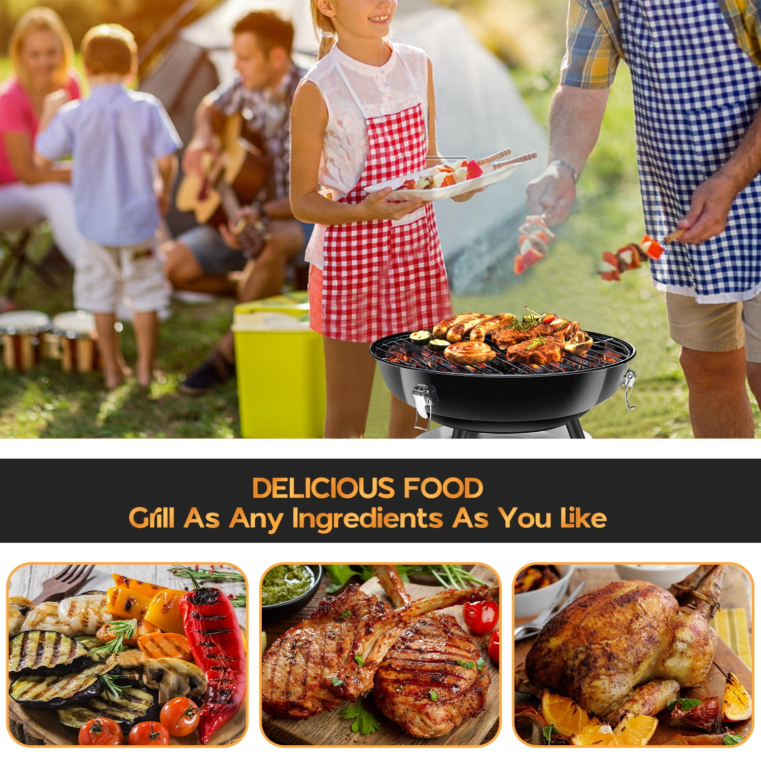 Coliware 14 inch Portable Charcoal Grill, Lightweight Enamel Coated Coal Kettle Smoker with 3-Point Locking Lid 2 Grilling Racks Dual Venting System, Tabletop Barbecue Oven for Outdoo