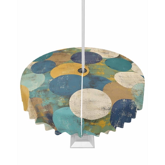 Outdoor Tablecloth with Umbrella Hole for Patio/Picnic/Party/Camping, Teal Yellow Circle Waterproof Table Cloth Round Cover Washable, Geometric Abstract Art Dia 54"