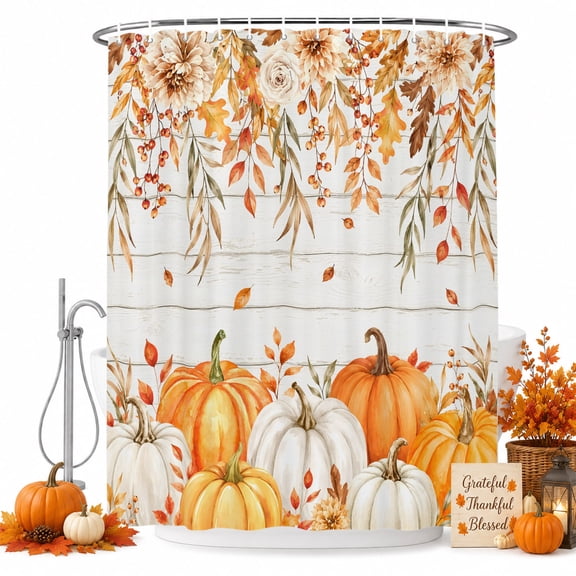 Small Stall Shower Curtain 36x72 Inch Narrow Half Size Thanksgiving Bath Curtains Bathroom Decor, Fall Pumpkin Branches Floral Wooden Grain Waterproof Fabric Shower Curtain Set with Hooks 36 Inch