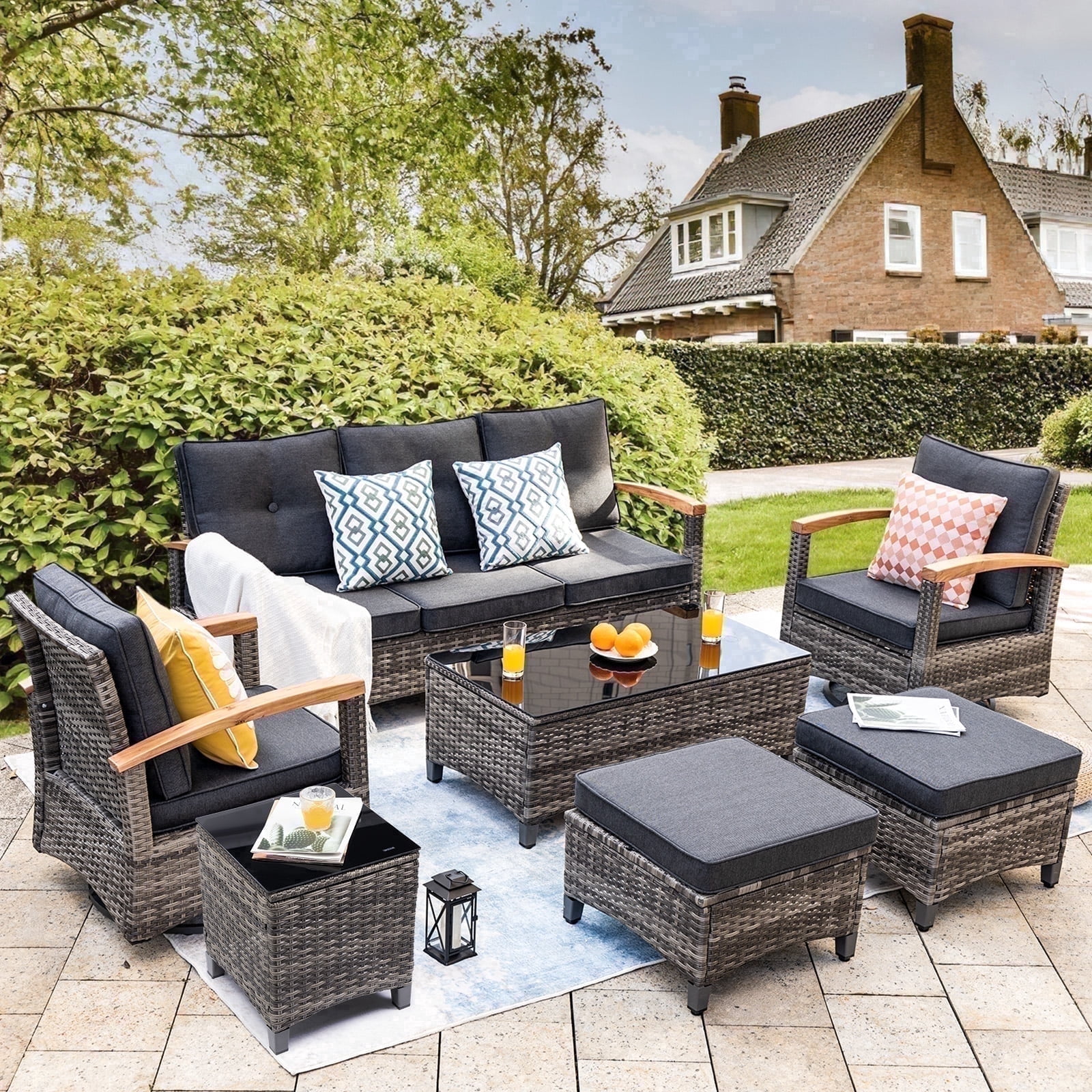 MEISSALIVVE 7-Piece Patio Furniture Set, Outdoor Rattan Conversation Set with 2 Swivel Rocker Chairs, 3-Seat Sofa, 2 Ottomans & Coffee Table, Gray