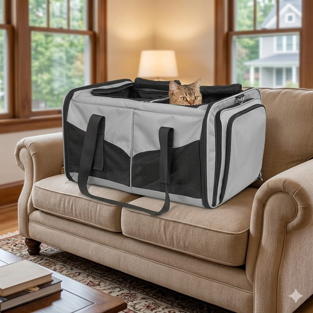 Mashelly Cat Carrying Case,  Protable and Breathable Pet Travel Carrier, Double Compartment Cat & Dog Carrier for 2 Cats, Expandable Double Soft Sided Carrier with 2 Litter Boxes