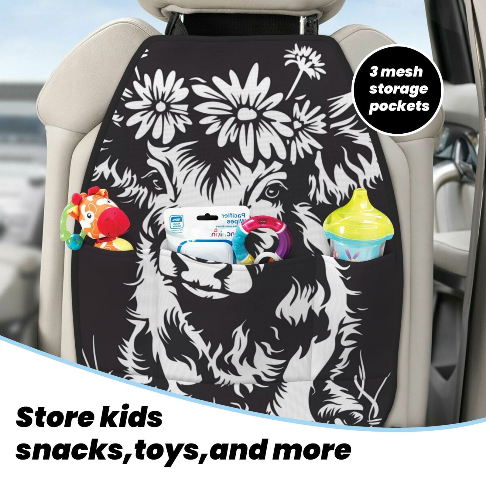 Xecao Floral Cow Silhouette Pattern Car Seat Back Protector 2 Pack Large Capacity Pocket, Kick Mats Back Seat Protector