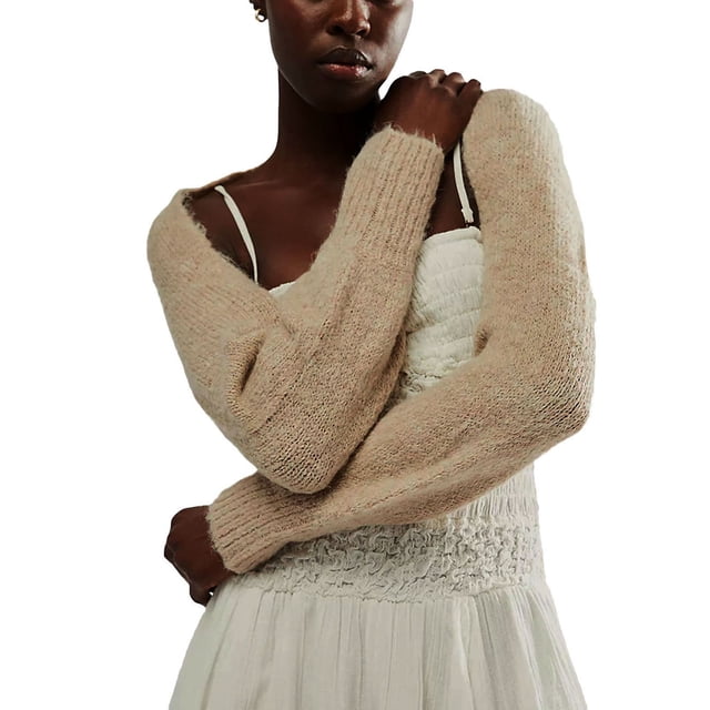 Mialoley Women Autumn Winter Short Knitwear Long Sleeve Solid Color Open Front Knit Shrug Crop Cardigan Tops