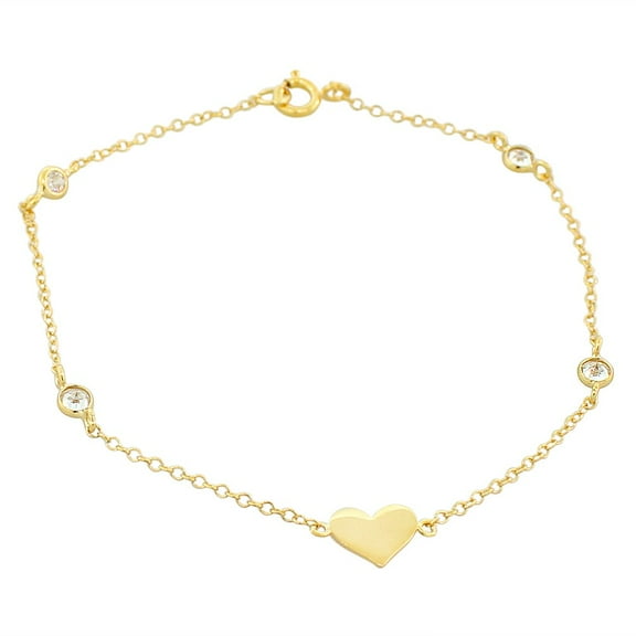 925 Sterling Silver Yellow Gold-Tone White CZ Love Heart Womens Girls Link Chain Bracelet