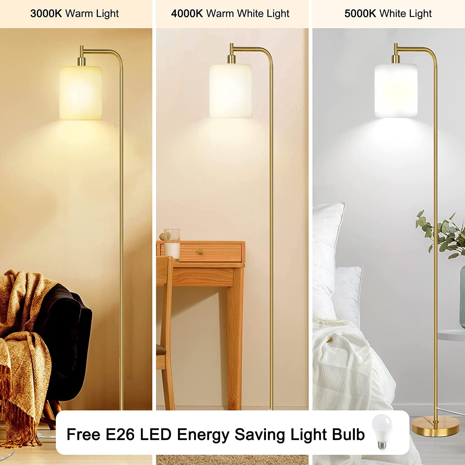 Rottogoon Modern Floor Lamp for Living Room Industrial LED Dimmable Reading Light Metal Gold