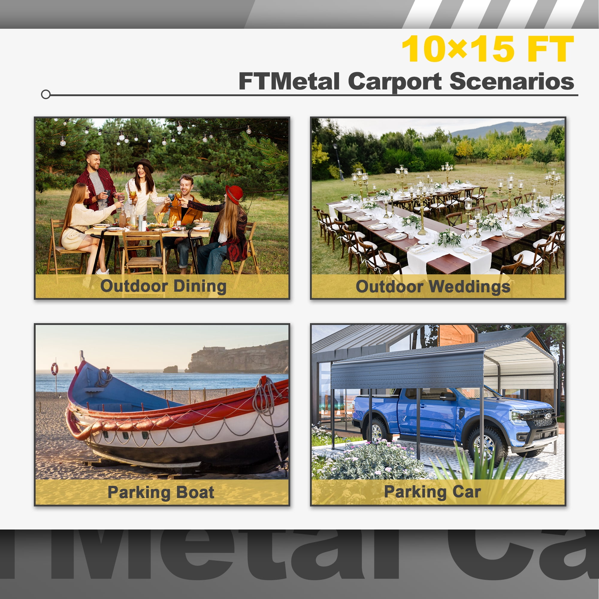 LZBEITEM 10x15 FT Metal Carport Kits, Heavy Duty Canopy with Galvanized Steel Roof, Outdoor Car Tent Garage Shelter Shade for Cars, Boats, and Tractors