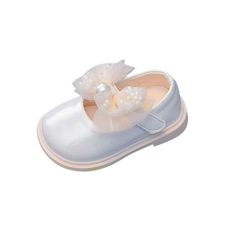 

Eloshman Girls Flats Magic Tape Dress Shoes Bowknot Mary Jane Party Comfort Rubber Sole Loafers Non-slip Princess Shoe White 7C