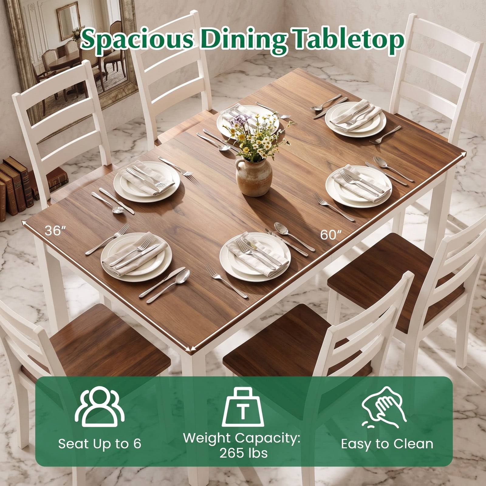 Furnibear 60 Inch Rectangular Dining Table for 6, Kitchen Dinner Table with Solid Rubber Wood Legs and Spacious Wood Grain Tabletop for Dining Room Restaurant, Brown