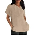 thumbnail image 2 of Frostluinai Cotton Linen Tshirts for Women Notch V Neck Casual Dressy Tops Short Sleeve Solid Color Tee Shirts Comzy Blouses Summer Shirts, 2 of 5