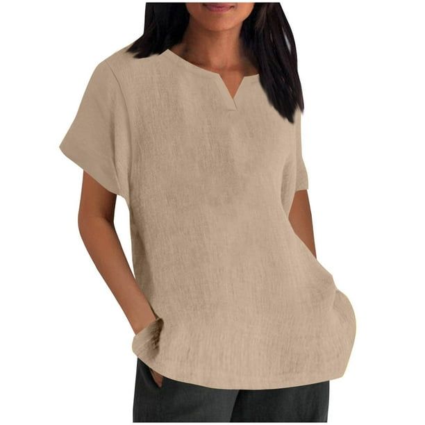 Vestidos Casuales Para Mujer, Blusas De Mujer De Moda Camisa de lino y lino de verano con cuello en V y manga corta transpirable para mujer
