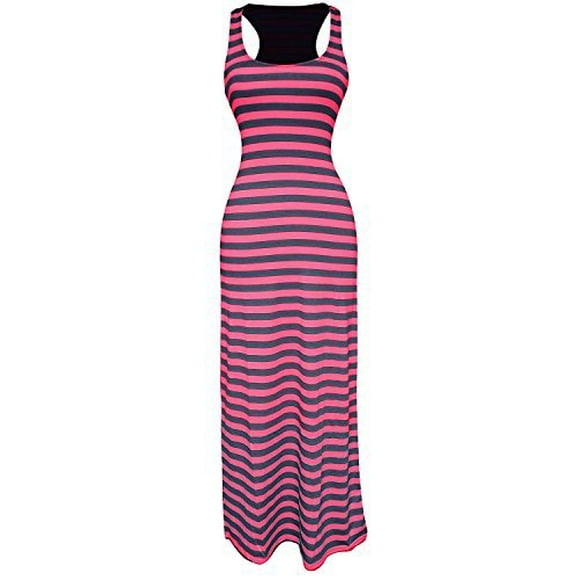 Peach Couture Racerback Summer Maxi Dress Striped Solid Sundress (Medium, Fuchsia Grey)