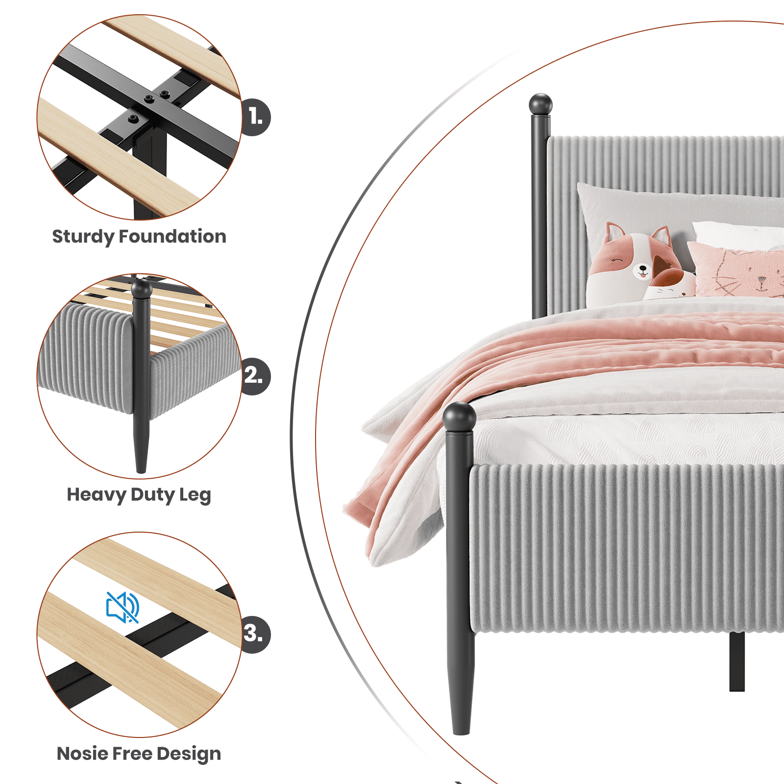 Twin Size Upholstered Bed Frame with Velvet Headboard, Soft Corduroy Fabric Platform Bed with Wooden Slats Support, No Box Spring Needed, Grey