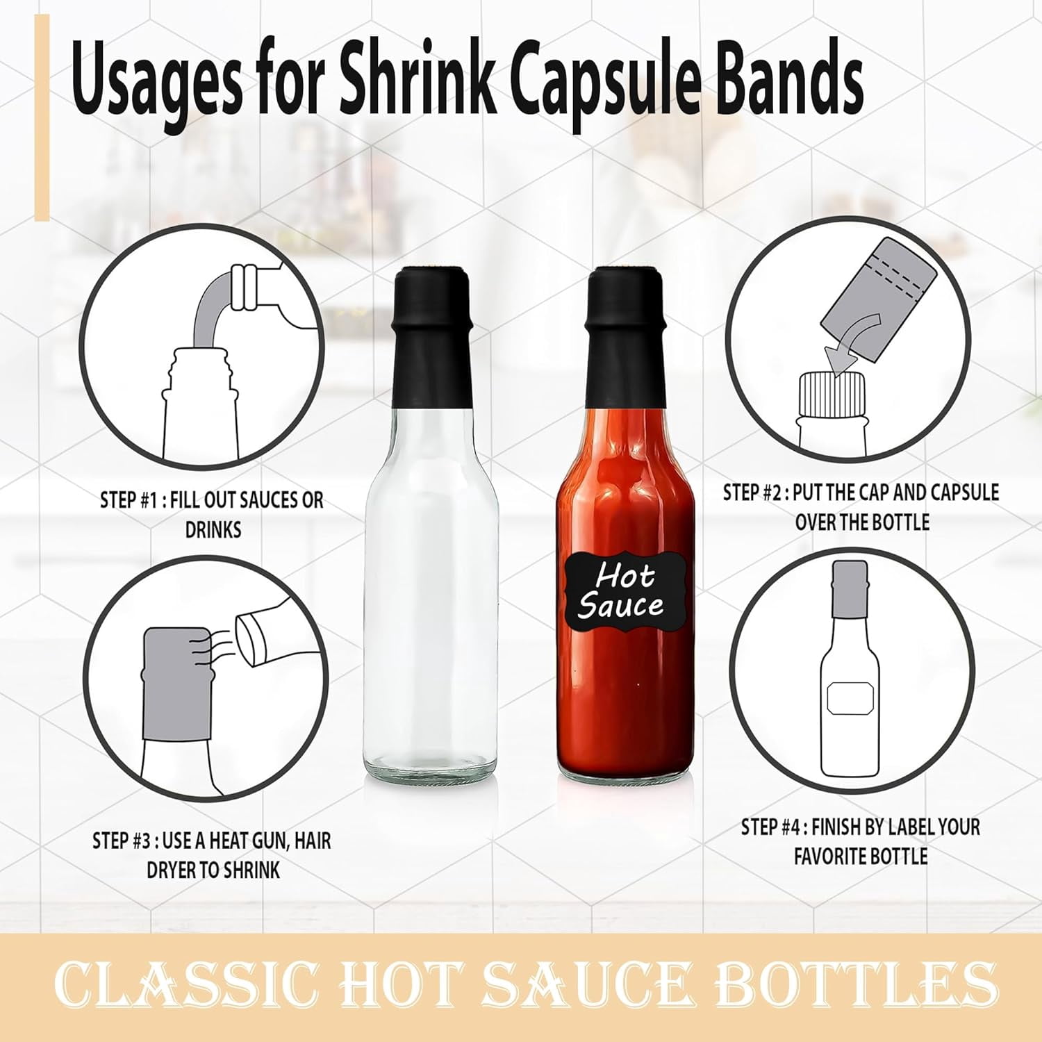 Mem worldshop, Clear Glass Hot Sauce Bottle, 5 oz, Black Cap