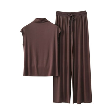 Wyobmus Pajama Sets for Women Two Piece Modal Solid Lounge Set Cap Sleeve Mock Neck Tops Wide Leg Pleated Drastring Pj Bottom Coffee
