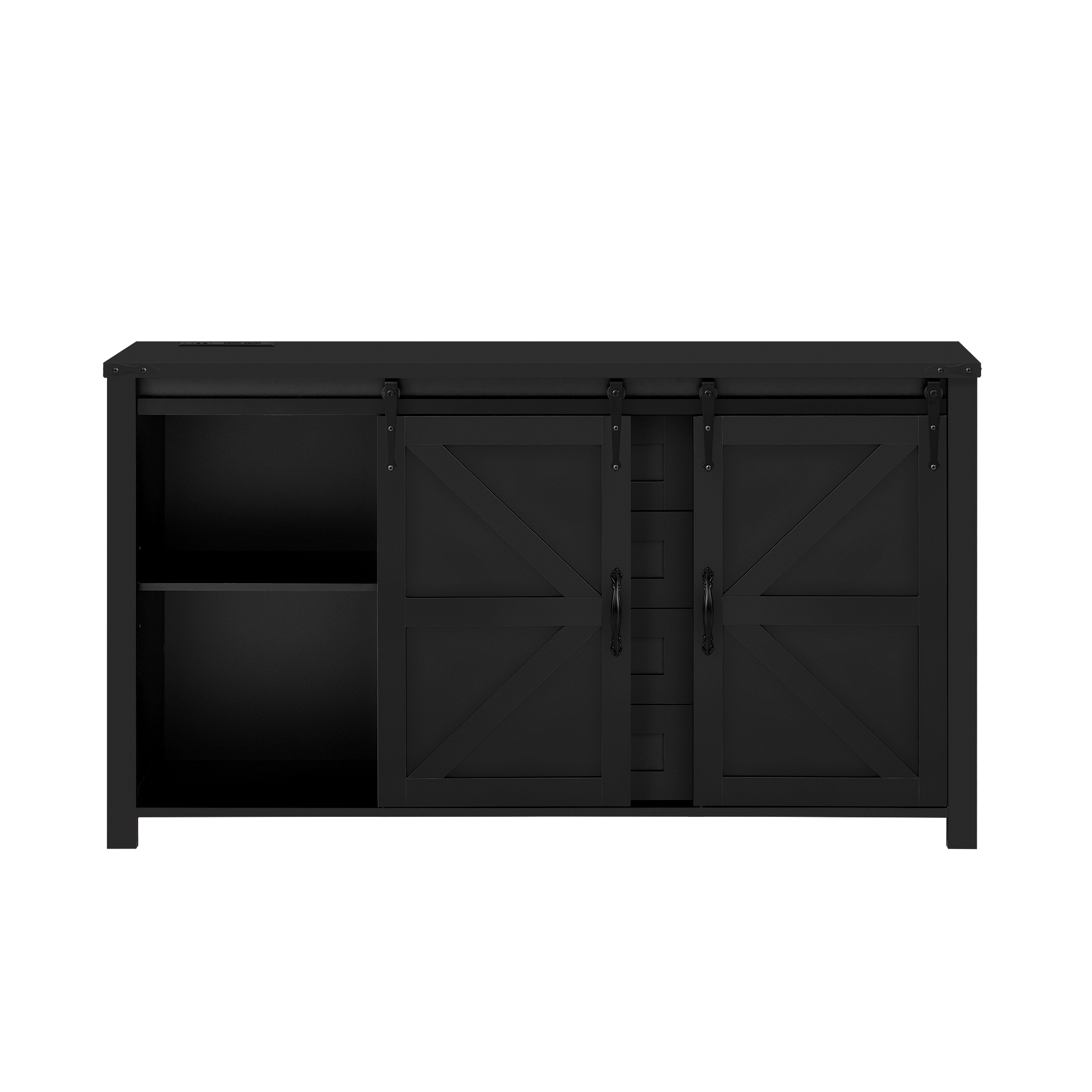 Euroco 55" Large Sideboard Buffet Cabinet, Farmhouse Storage Cabinet with Sliding Barn Doors,Power Outlet and 4 Drawers,Wood Coffee Bar Table for Kitchen,Living Room,Black