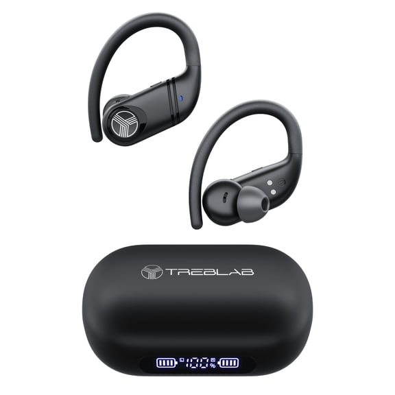 Restored TREBLAB X4  Waterproof Workout Headphones for Running & Gym - Silky Soft Secure Earhooks, 11H Battery, Physical Buttons, Noise Canceling Over-Ear Ear Hook Bluetooth Earbuds (Refurbished)
