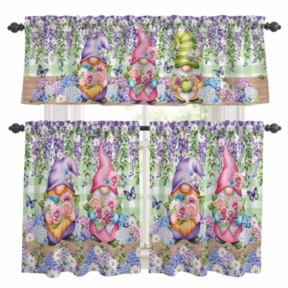 Blue Purple Gnomes Kitchen Curtains Sets for Windows 36 Inch Length, Spring Hydrangea Flower Leaf Green Plaid Rod Pocket Window Treatments Tier Curtains and Valances Set for Bedroom/Bathroom