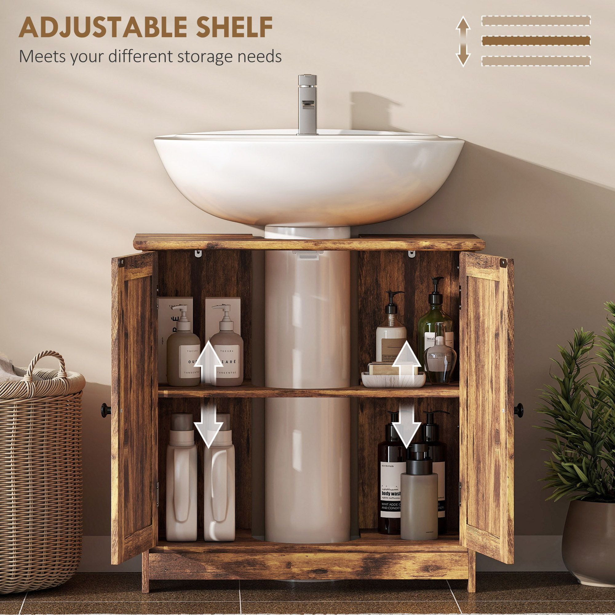Bathroom Vanity Cabinet, Under Sink Organizer with Doors, Adjustable Shelf, Rustic Brown - Space Saving Bathroom Storage