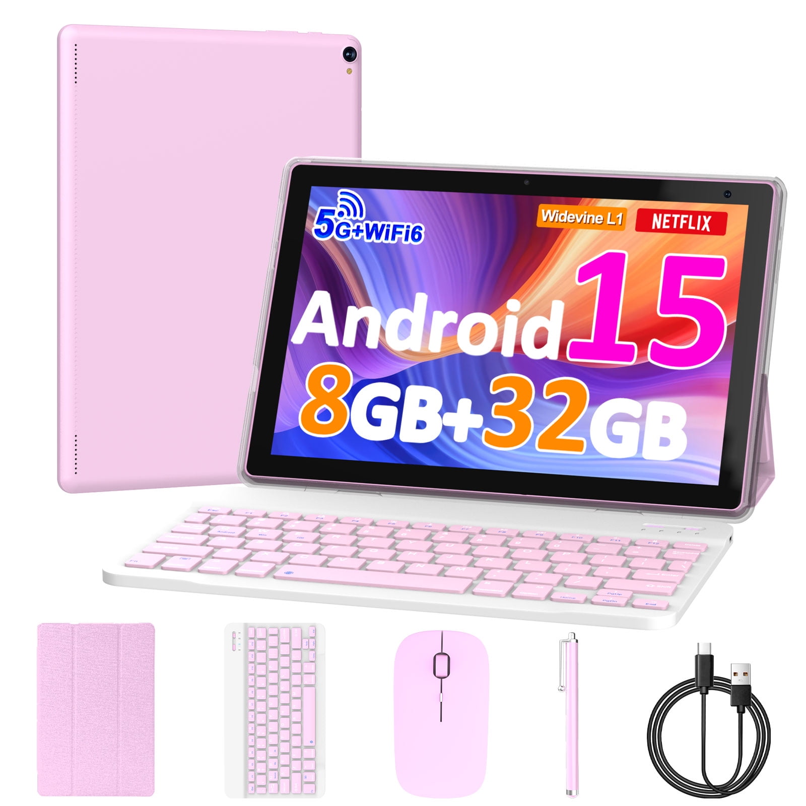 Android 15 Tablet 10 inch, 8GB RAM+32GB ROM Support 1TB Expandable Computer Tablet, 1.8Ghz Quad-Core CPU, HD Screen, BT, WiFi, Long Battery Life, 2 in 1 Tablets with Keyboard Case Mouse Stylus, Pink