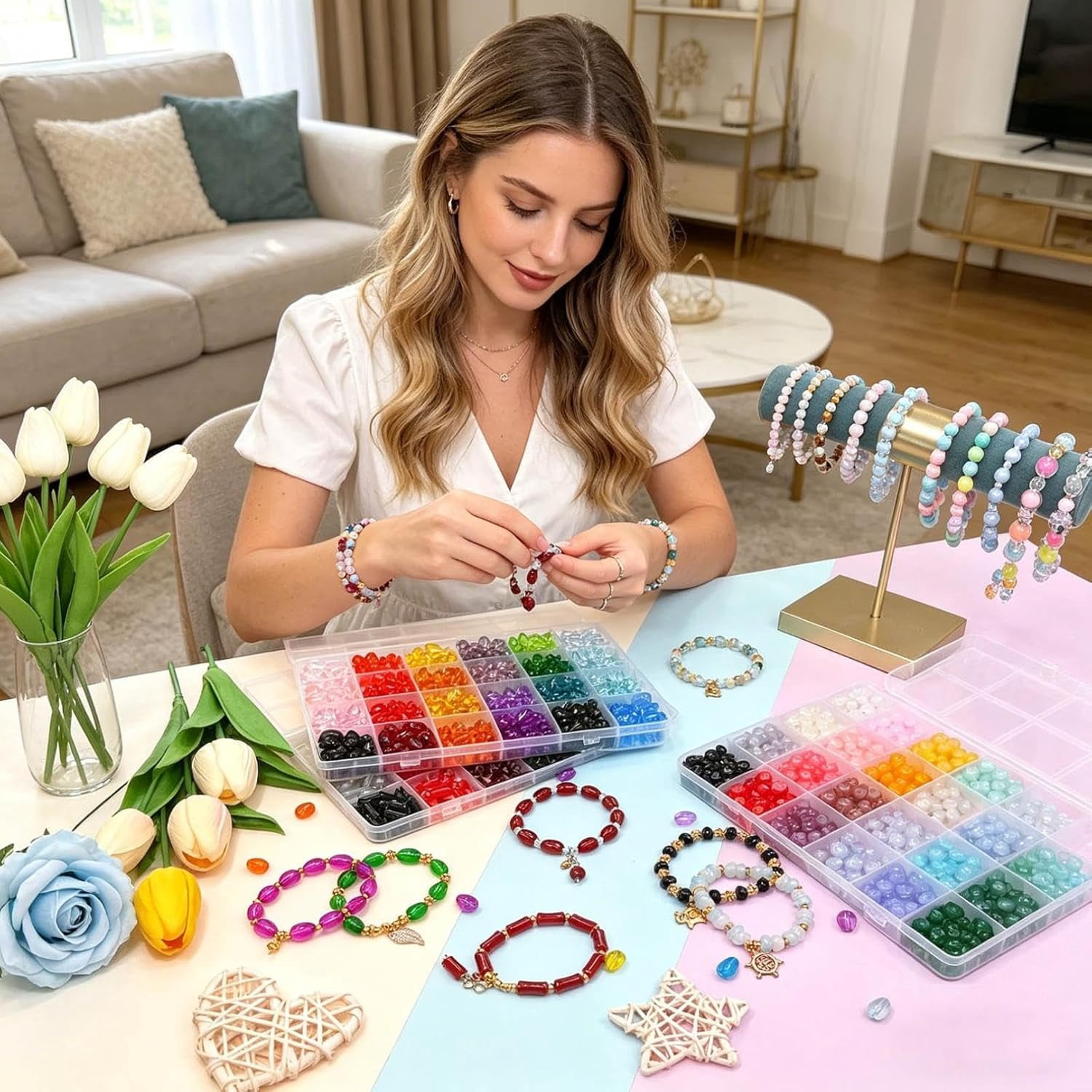 800 Pcs Glass Beads Set – 6x12mm Round in 24 Colors, Includes Elastic String, Smooth Frosted DIY Bracelet & Necklace Kit, Craft Gifts for Teens & Adults(RL B 1 Set)