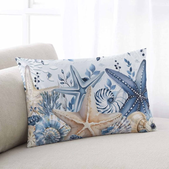 Blue Starfish Coastal Throw Pillow Covers, Eucalyptus Summer Nautical Shell Soft Breathable Pillow Cases with Invisible Zipper, King Size Pillowcases for Couch Bed Sofa Chair 20x36 Inches