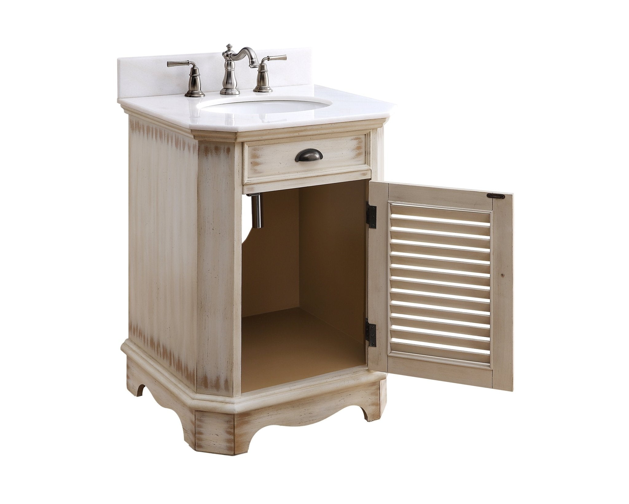 Benton Collection 24" Distressed Beige Farmhouse Bathroom Vanity with White Marble Top