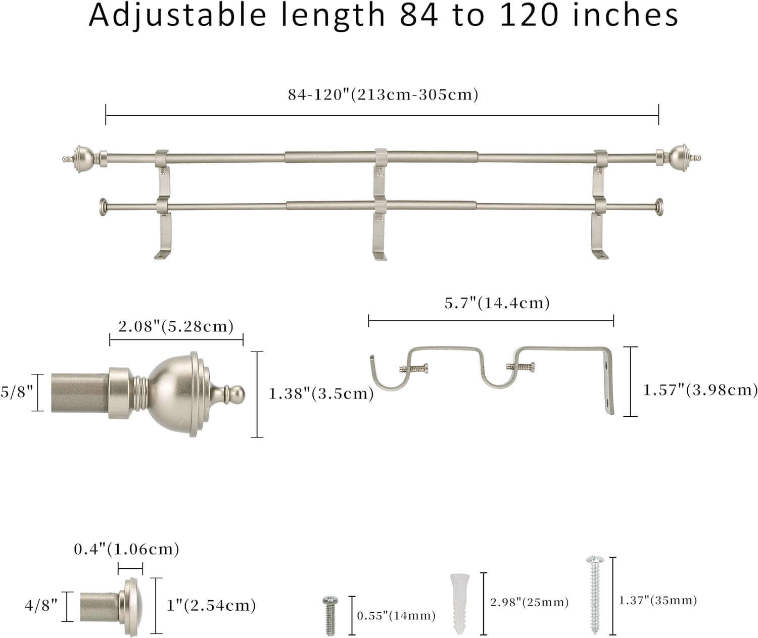 eTeckram 5/8" Double Curtain Rod with Royale Finials,Pewter,84‘’-120‘’