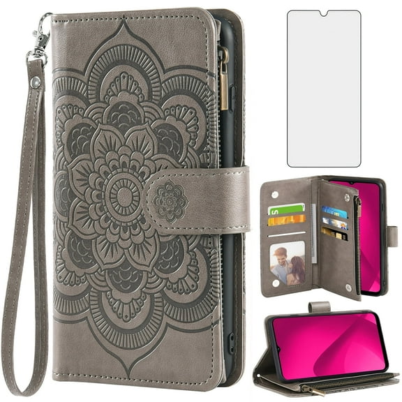 Compatible with T-Mobile Revvl 7 5G Wallet Phone Case and Tempered Glass Screen Protector Flower Faux Leather Flip Credit Card Holder Stand Zipper Cell Cover for T Mobile Revel7 Women Grey