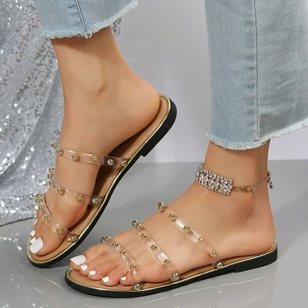 

PEASKJP Womens House Slippers Summer Women Flip Flops Flat Bottom Beach Indoor And Outdoor Slippers Thong Strappy Summer Shoes Gold 7