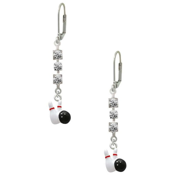 Silvertone Bowling Pins with Bowling Ball Crystal Madison Leverback Earrings