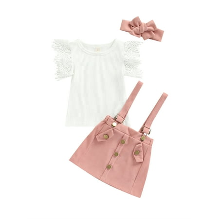 

TheFound 3Pcs Trendy Toddler Baby Girl Lace Flying Sleeve Knit T-Shirt Tops Suspender Skirt Headband Summer Outfits