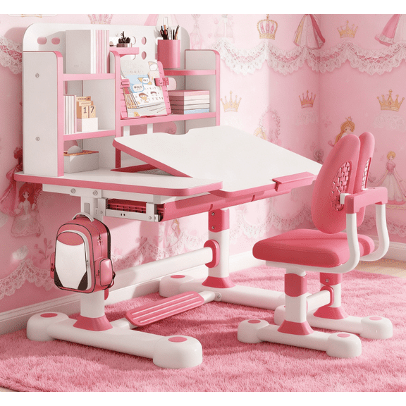 Dapmiu Kids Study Desk Chair Set with 0-50° Adjustable Tilt Desktop, Ideal for Drawing & Computer Use Pink