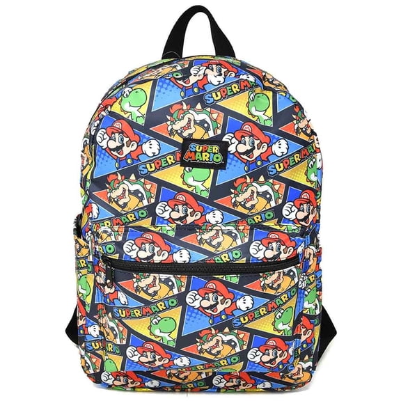 Bioworld Super Mario 16" Kids Backpack, Colorful All Over Print School Bag with Front Pocket & Side Mesh, Lightweight Travel Backpack